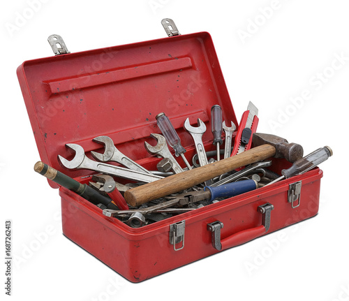 Open red used toolbox with many tools isolated on transparent background. PNG