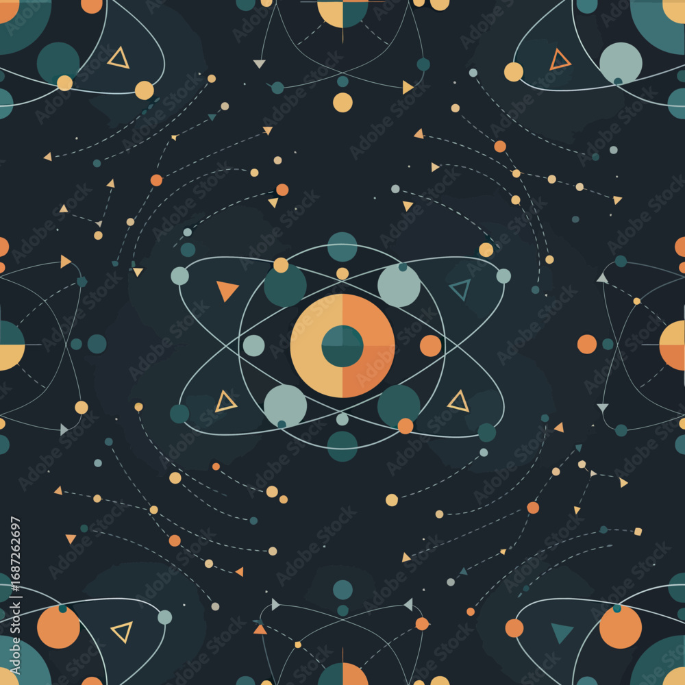 Obraz premium Abstract atomic structure pattern, repeating geometric design with orbiting particles and celestial elements.