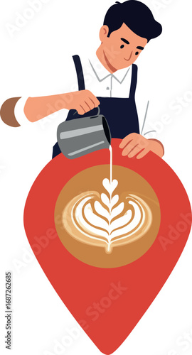 Barista pouring latte art into coffee cup inside red location marker icon vector design for cafe and coffee shop branding