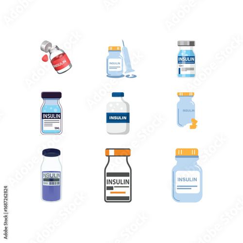 Insulin Vial Icon Set – Diabetes Medication, Syringe & Glucose Management Vector Collection