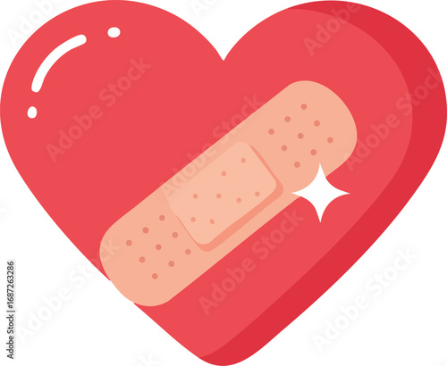 Heart with adhesive bandage symbolizing healing and care for emotional and physical wounds in bright red vector design