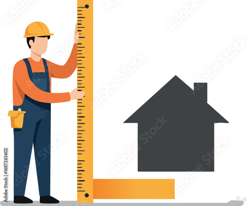 Construction worker measuring house size with large yellow ruler in flat vector style for building concept