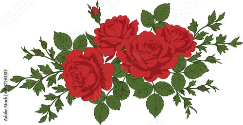 Cluster of Red Roses with Green Leaves and Buds on White Background rose cluster floral design