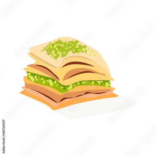 Pistachio baklava in square shape on white background national dish of Maghrebi cuisine