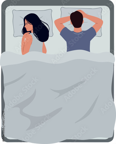 Couple lying in bed back to back distance relationship concept top view vector illustration