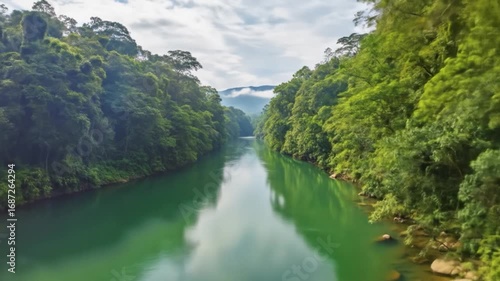 Serene Jungle River Landscape Lush Green Canopy, Tranquil Waters