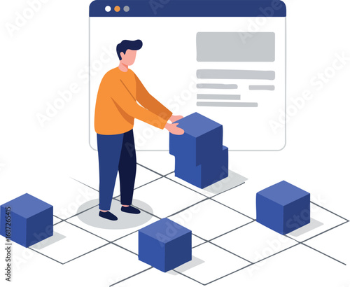 Man arranging blue cubes in grid with web browser interface on white background for data organization concept