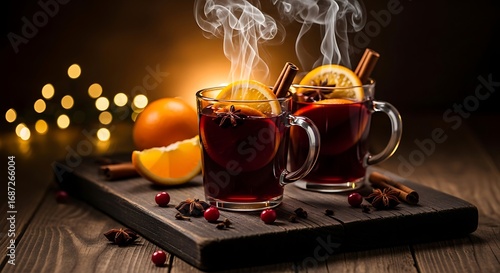 Two steaming mugs of mulled wine, garnished with orange slices and cinnamon sticks, on a wooden board. The scene is festive and warm, with scattered spices and a blurred background of lights