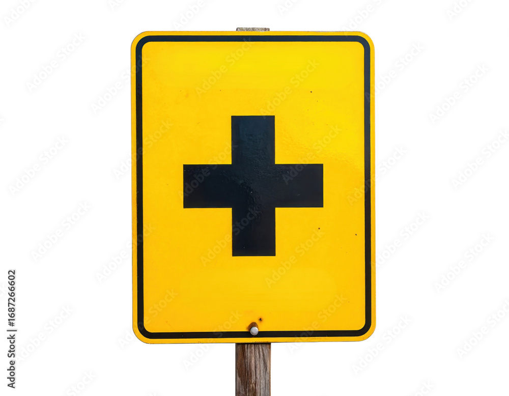 Fototapeta premium Yellow road sign with a bold black cross indicating an intersection, mounted on a wooden post.