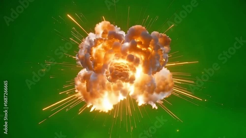 Fiery explosion erupts with bright flames and sparks against a vibrant green background.