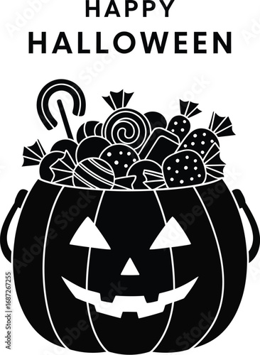 Happy Halloween pumpkin bucket filled with candy, festive design with sweets and holiday greeting