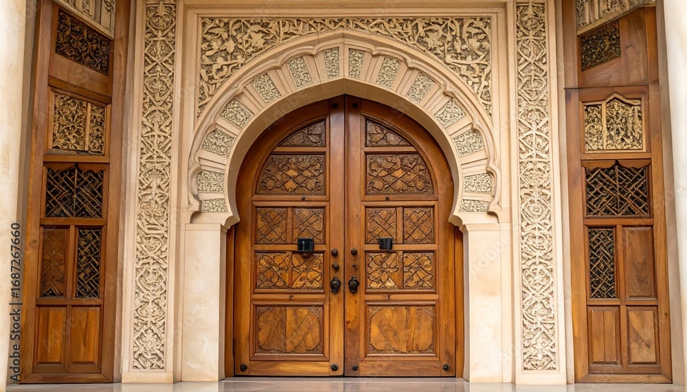 Obraz premium Intricate wooden doors with stone archway