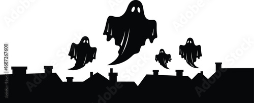 Silhouette of spooky ghosts flying over rooftops, perfect for halloween themes and eerie designs