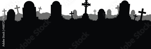 Silhouette of a spooky graveyard with tombstones and crosses, perfect for halloween themes and eerie designs
