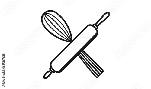 Hand drawn illustration of a rolling pin and whisk crossed together