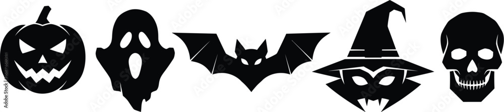 Fototapeta premium Halloween silhouettes featuring a pumpkin, ghost, bat, witch hat, and skull for spooky season decorations