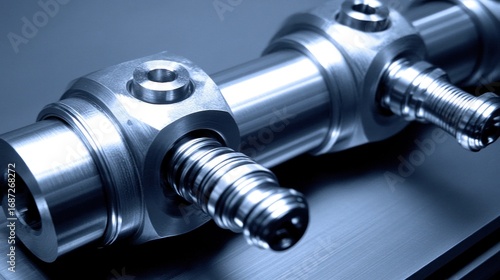Precision Engineering: Close-up of a Metal Ball Screw and Linear Motion System Component