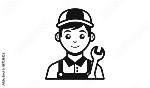 Cartoon mechanic man wearing overalls and holding a wrench