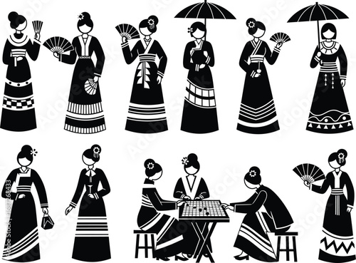 Collection of traditional chinese women in elegant kimonos holding fans and umbrellas in a silhouette style