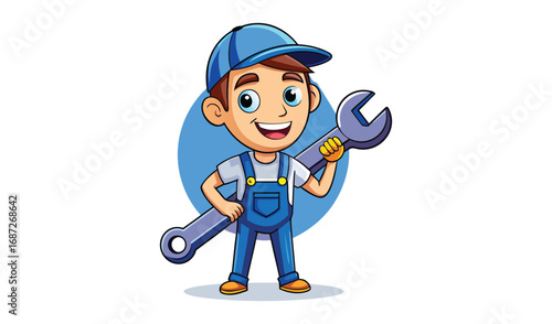Happy cartoon mechanic boy holding a large wrench