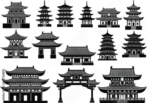 Collection of stylized black and white traditional asian pagodas and temple gate illustrations on a white background