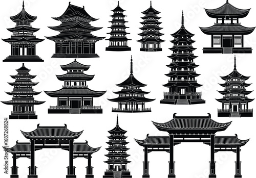 Collection of traditional east asian pagodas and architectural gates in a detailed black and white silhouette style