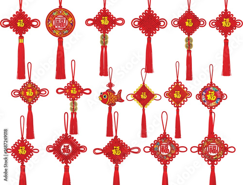Collection of traditional chinese knots with tassels and coins symbolizing good fortune and prosperity
