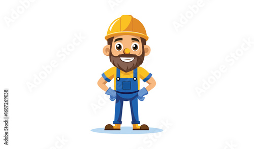 Happy cartoon construction worker with hard hat and overalls