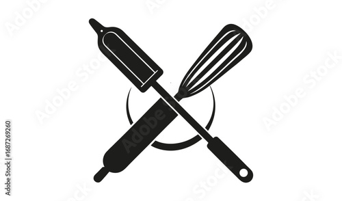 Crossed baking utensils rolling pin and whisk silhouette icon