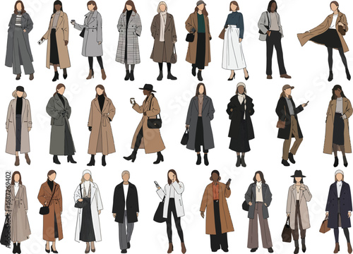 Diverse group of stylish women showcasing fashionable winter coats and outerwear in a modern fashion illustration style