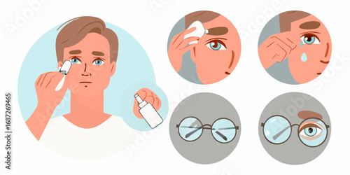 Man applying eye drops and caring for his eyes with glasses and a wipe