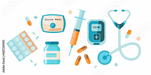 Collection of medical supplies including a glucose meter syringe pills and stethoscope on a white background