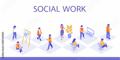 Diverse group of people engaged in various activities representing social work and community support services