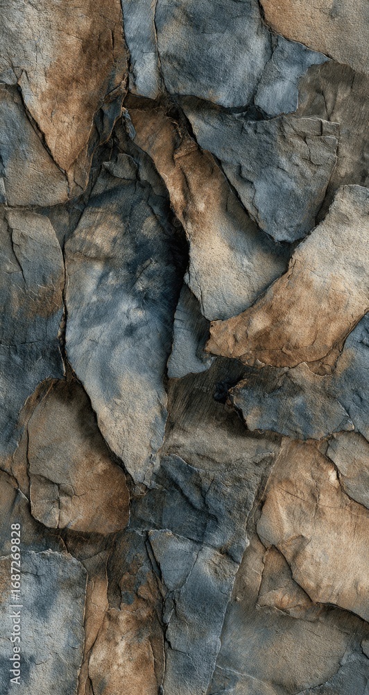 Fototapeta premium Close-up view of abstract stone texture. Dark and light brown, gray stones, rough, jagged, and layered