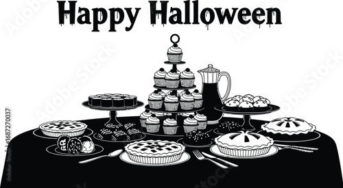 A black illustration of a Halloween dessert table with pies, cupcakes, and a coffee pot.