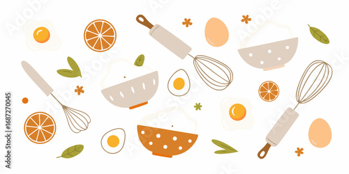 Whimsical baking ingredients and tools seamless pattern with eggs oranges and flour bowls