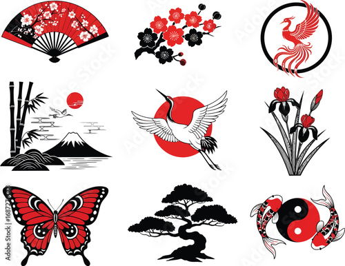 Collection of traditional japanese art elements including fans flowers birds mountains trees and butterflies in red and black