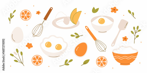 Whimsical flat illustration of breakfast food items and cooking utensils with floral and leaf accents