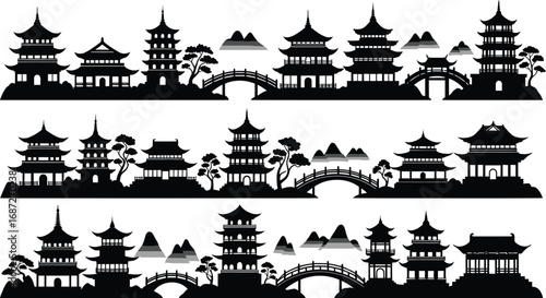 Silhouetted asian pagoda architecture and traditional landscapes with mountains and bridges in horizontal bands