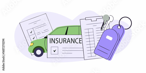 Car insurance policy document with keys and a green vehicle illustration