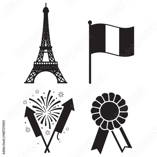 French celebration icons featuring the Eiffel Tower, flag, fireworks, and a decorative rosette ribbon.