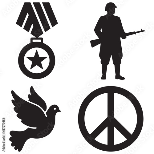 Military and peace symbols including a soldier, medal, flying dove, and a prominent peace sign.