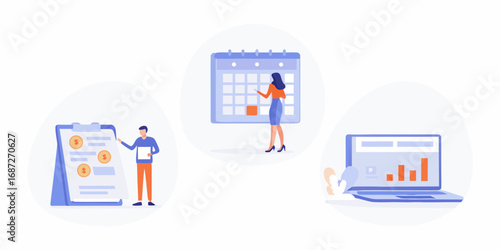 Business planning and financial analysis with calendar and chart illustrations for strategy and growth