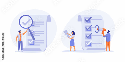 Team members reviewing and completing tasks on a checklist with a magnifying glass and megaphone