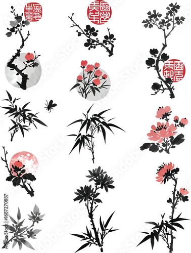 Collection of traditional chinese ink wash paintings featuring delicate blossoms branches and bamboo stems on white background