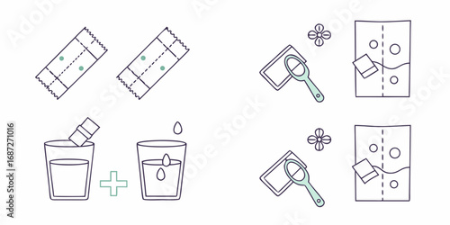 Set of simple line art icons illustrating how to prepare powdered drink mixes and tea bags in water