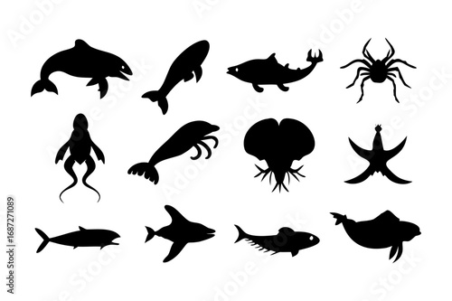 Silhouette sea life collection vector set featuring dolphin shark starfish and other marine animals illustration 100