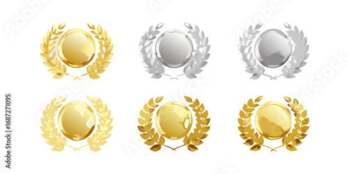 Collection of golden silver medal award badges with laurel wreath for winner champion achievement 100