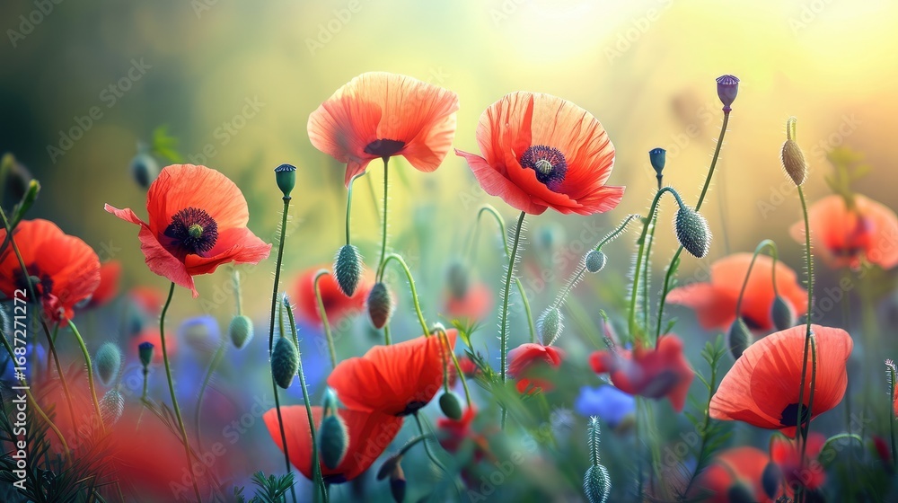 Fototapeta premium Vibrant poppies basking in the warm sunlight