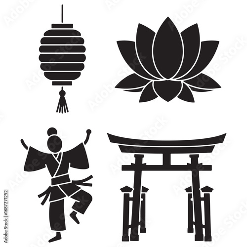Traditional Japanese culture and spiritual symbols: a hanging lantern, a serene lotus flower, a martial artist, and a sacred Torii gate.